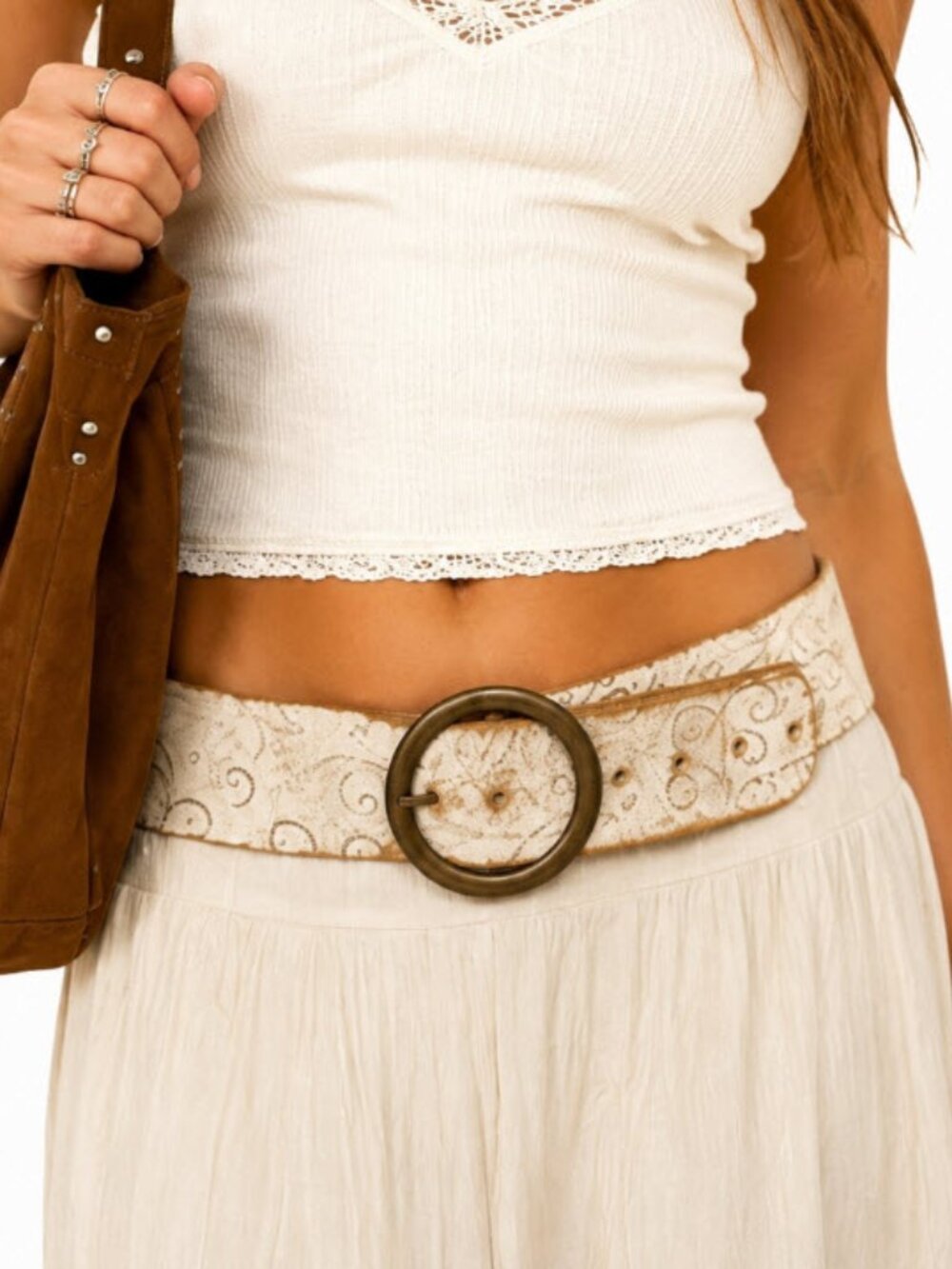 Wallis White Embossed Wide Leather Belt Antique Round Buckle Boho M/L